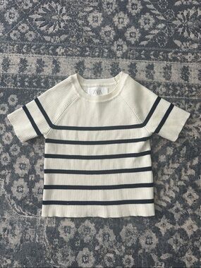 Zara Kids Cream Short Sleeve Tee with Black Stripes